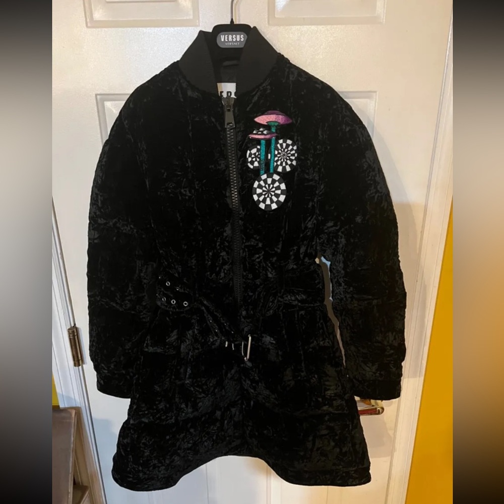 Brand New Versus Versace Black Crushed Velvet Belted Puffer Jacket